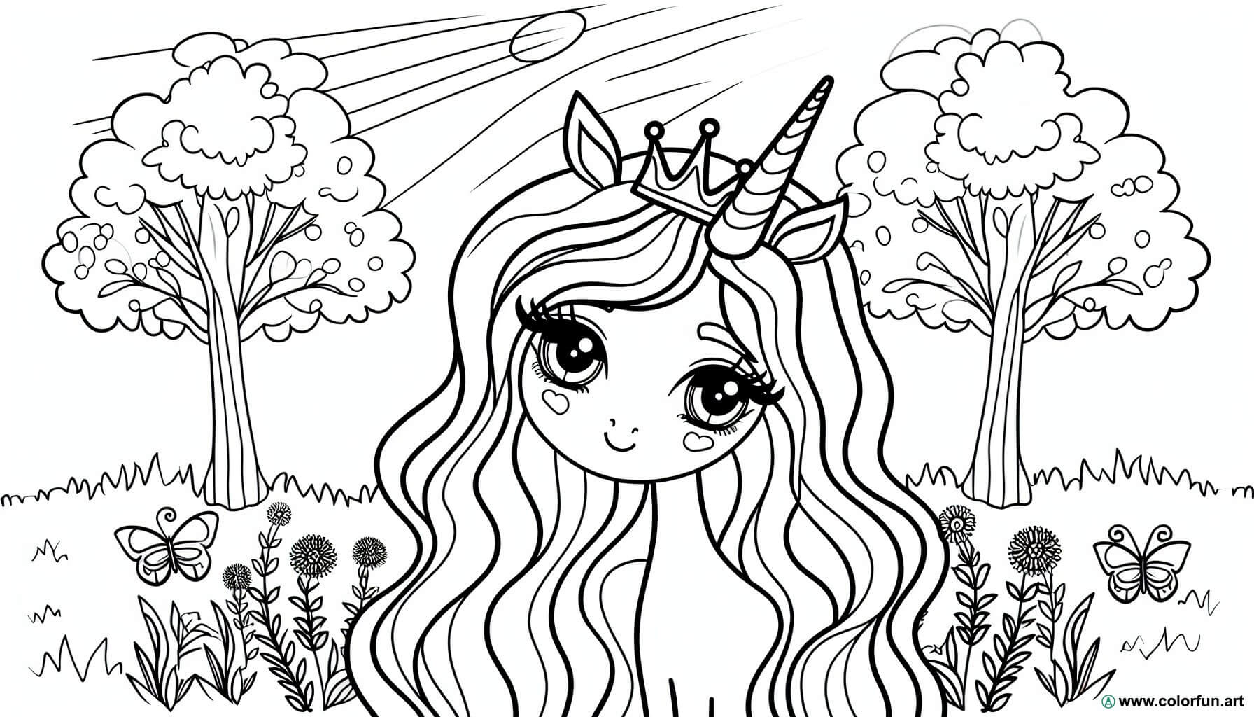 Ausmalbild Prinzessin Einhorn im Wald