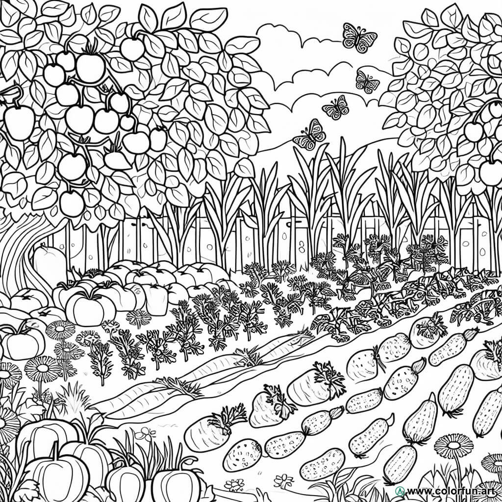 Ausmalbild Gemüsegarten Natur