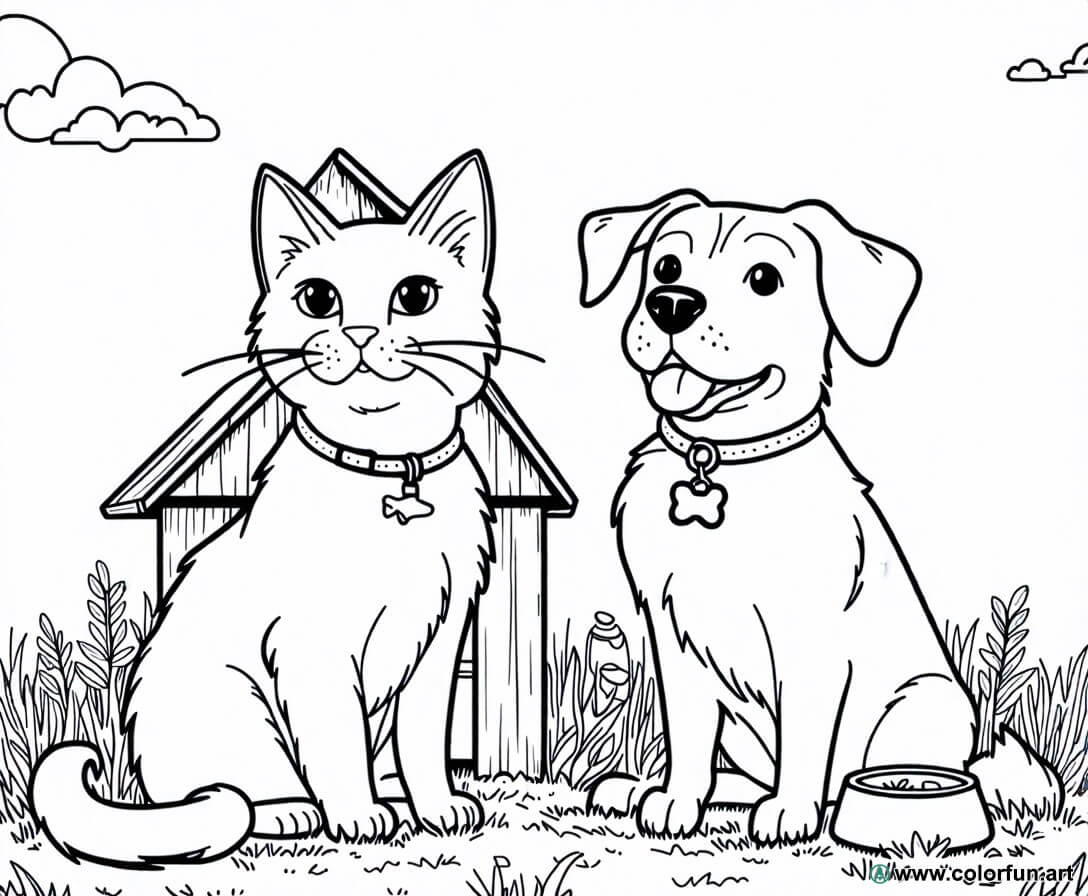 Ausmalbild realistischer Hund und Katze