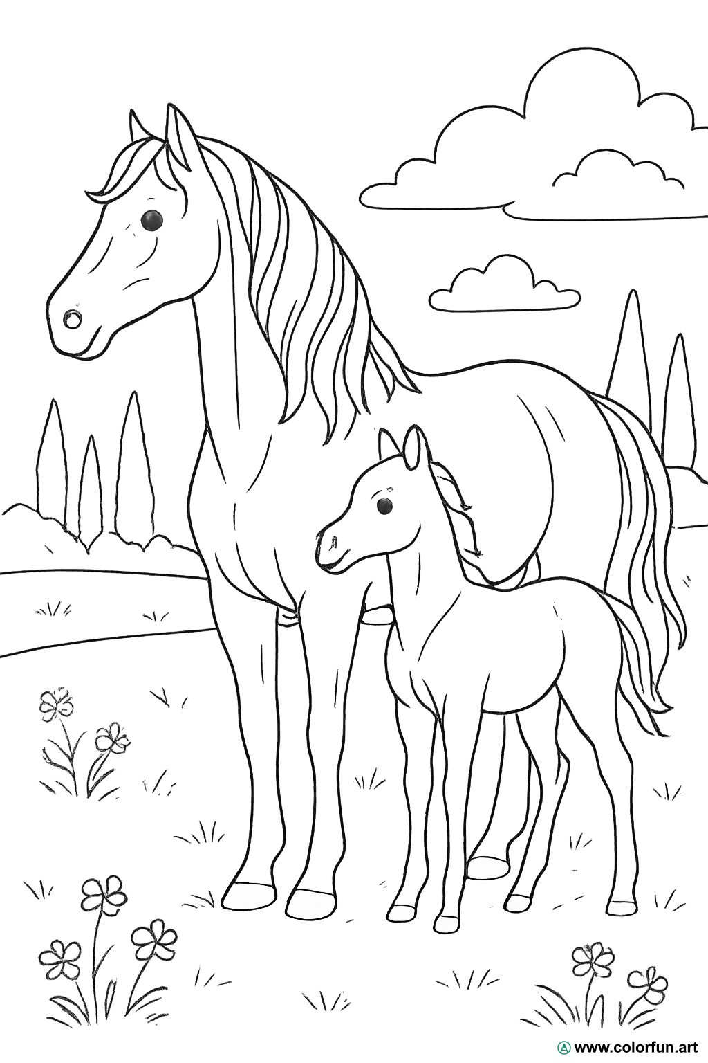 Ausmalbild Pferd und realistisches Fohlen