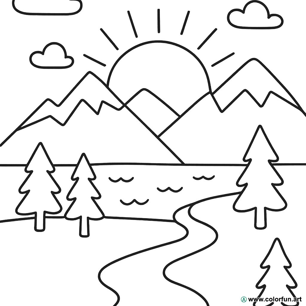 Ausmalbild Sonnenuntergang Berge