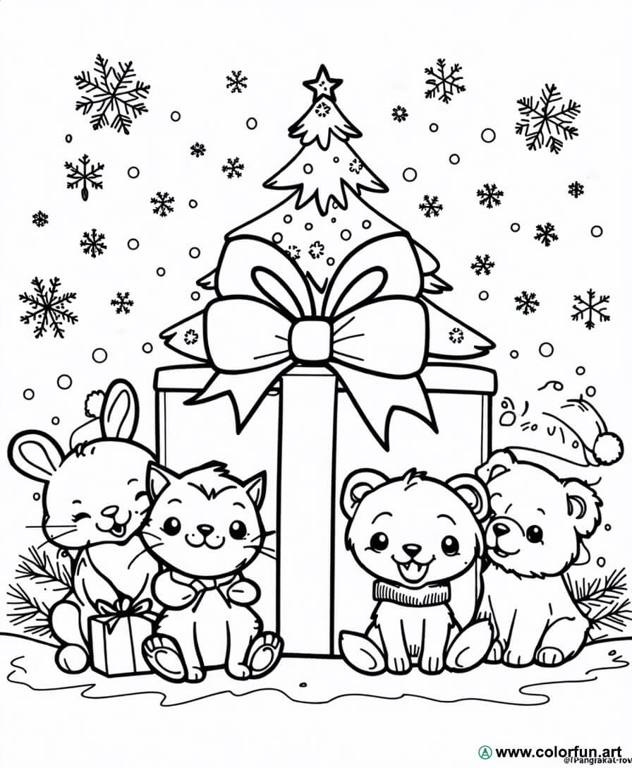 Weihnachts-Ausmalbild mit Tieren als Geschenk Kostenloser Download oder
